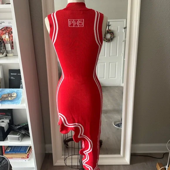 PH5 Red Sleeveless Asymmetric Ruffle Dress with White Trim - Picture 5 of 5